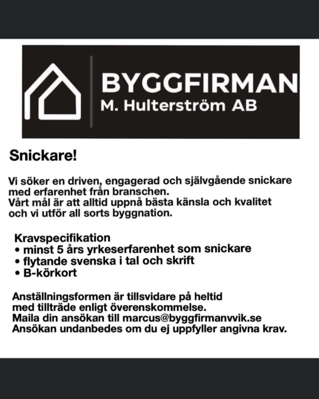 Instagram post from byggfirmanmhulterstromab. This post is in position 1.